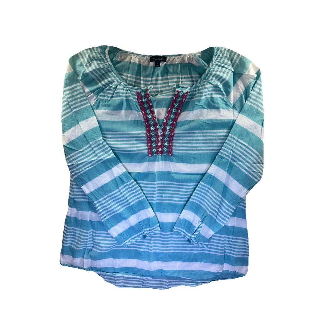 Talbots Women's Size M Long Sleeve Beaded Neck Striped Tunic Top Turquoise White